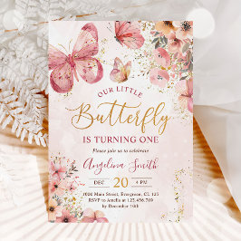 Rosa Blommigt Butterfly Girl 1:a Birthday Party Inbjudningar