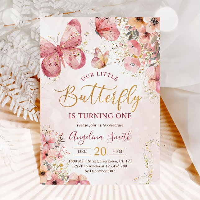 Rosa Blommigt Butterfly Girl 1:a Birthday Party Inbjudningar (Skapare uppladdad)