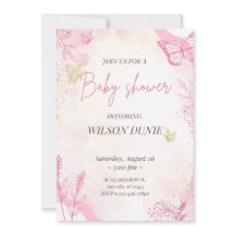 Rosa Blommigt Butterfly Girl Baby Shower-inbjudan