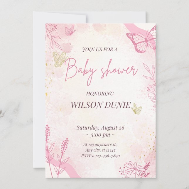 Rosa Blommigt Butterfly Girl Baby Shower-inbjudan Inbjudningar (Framsida)