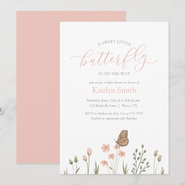Rosa Blommigt Butterfly Girl Baby Shower Inbjudningar (Fram/baksida)