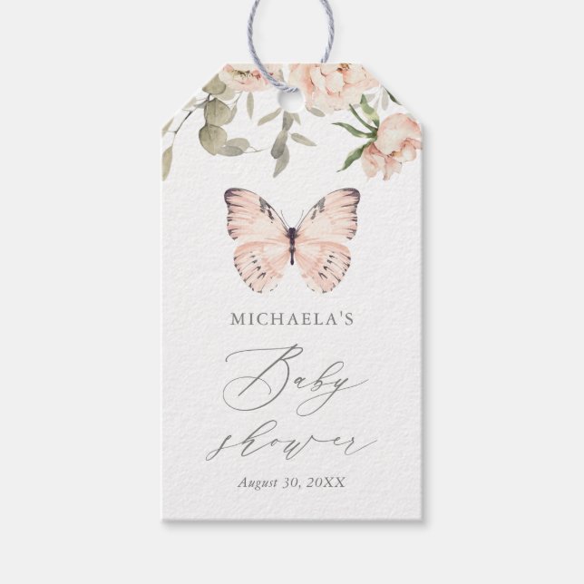 Rosa Blommigt Butterfly Girl Baby Shower Presentetikett (Framsidan)
