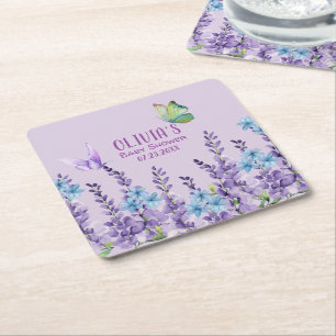 Rosa Blommigt Butterfly Girl Baby Shower Välkommen Underlägg Papper Kvadrat