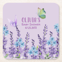 Rosa Blommigt Butterfly Girl Baby Shower Välkommen Underlägg Papper Kvadrat