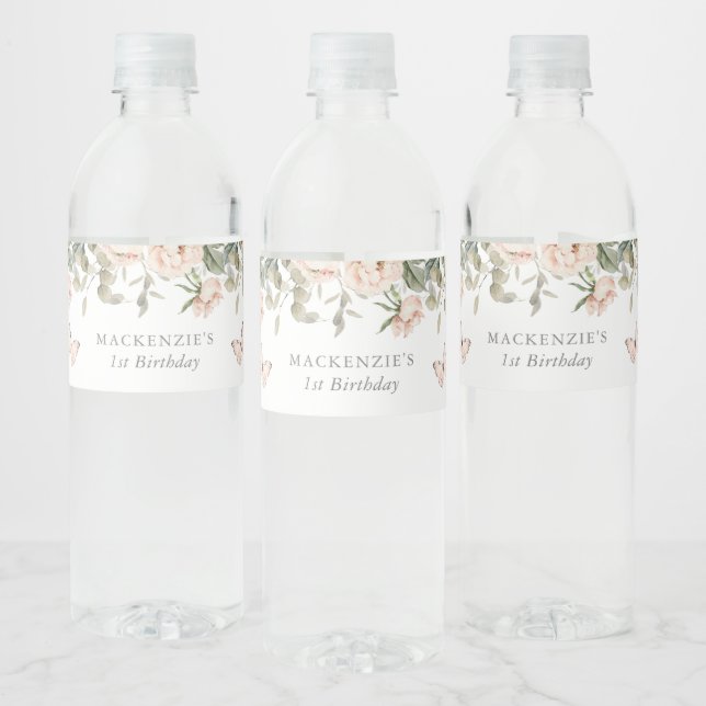 Rosa Blommigt Butterfly Girl Födelsedagsfest Vattenflaskor Etikett (Flaskor)