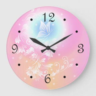 Rosa Blommigt Butterfly Girly Numbers Stor Klocka