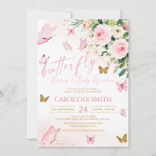 Rosa Blommigt Butterfly Kisses Baby Shower Inbjudningar