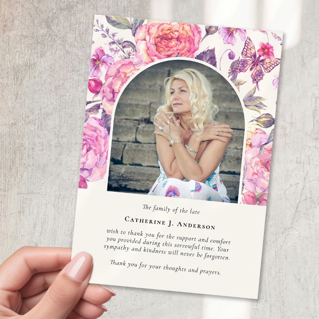 Rosa Blommigt Butterfly Photo Sympathy Funeral Tack Kort (Skapare uppladdad)