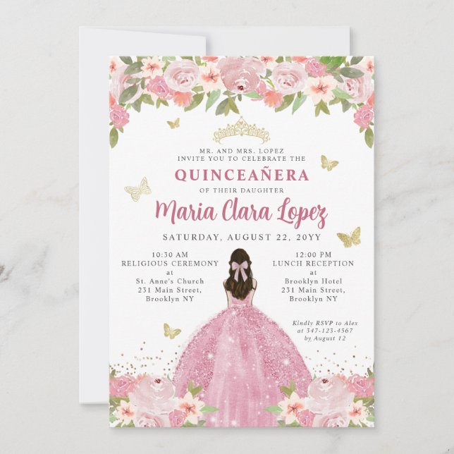  Rosa Blommigt Butterfly Princess Quinceanera Inbjudningar (Framsida)