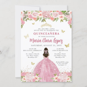 Rosa Blommigt Butterfly Princess Quinceanera Inbjudningar