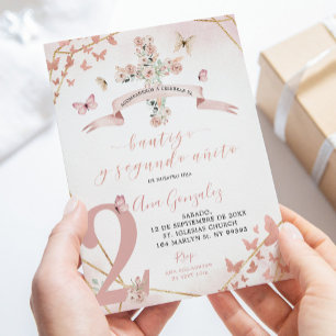 Rosa Blommigt Butterfly Spansk baptism 2:a födelse Inbjudningar