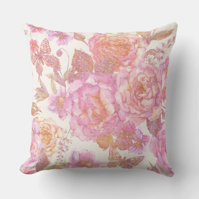 Rosa Blommigt Butterfly Vintage Pillow Kudde (Framsida)