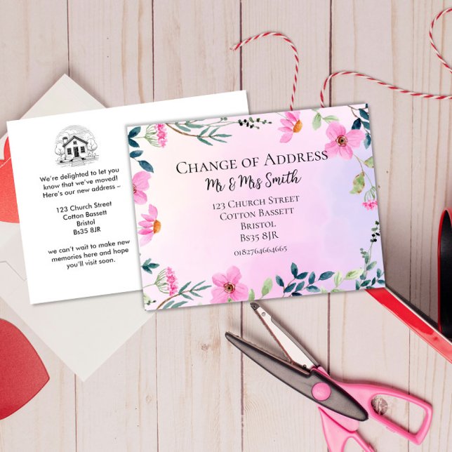 rosa blommigt Byte av ny bostad i adress elegant Meddelande Vykort (Skapare uppladdad)