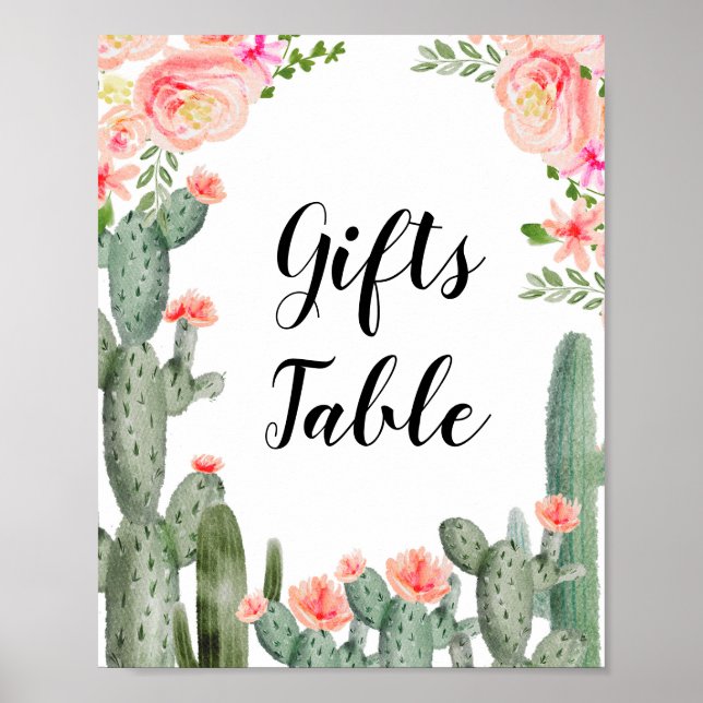 Rosa Blommigt Cactus Gifts Bord Sign Poster (Framsidan)