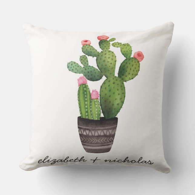 Rosa Blommigt Cactus Kudde (Framsida)