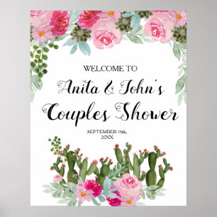 Rosa Blommigt Cactus Par Shower Välkomsttecken Poster
