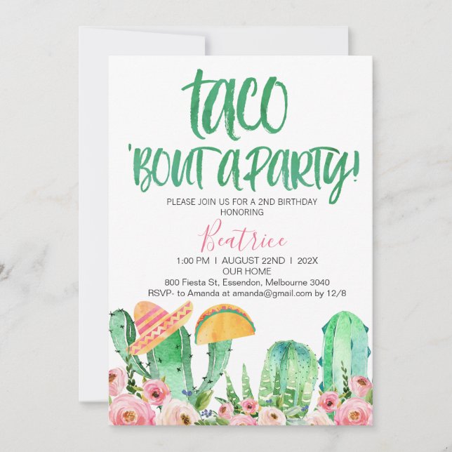 Rosa Blommigt Cactus Taco Bout A Party födelsedag Inbjudningar (Framsida)