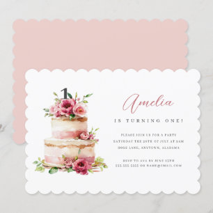 Rosa Blommigt Cake First Födelsedagsfest inbjudan