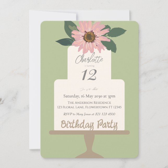 Rosa Blommigt Cake Födelsedagsfest Inbjudningar (Framsida)