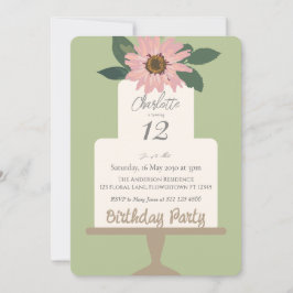 Rosa Blommigt Cake Födelsedagsfest Inbjudningar