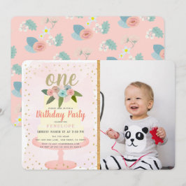 Rosa Blommigt Cake Girl Photo 1st Birthday Inbjudningar