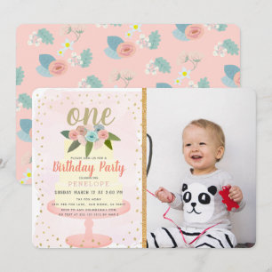 Rosa Blommigt Cake Girl Photo 1st Birthday Inbjudningar
