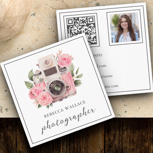 Rosa Blommigt Camera Photo QR-kodfotograf Fyrkantigt Visitkort (Skapare uppladdad)