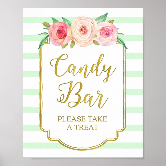 Rosa Blommigt Candy Pub Sign Guld Mint Rand Poster (Framsidan)