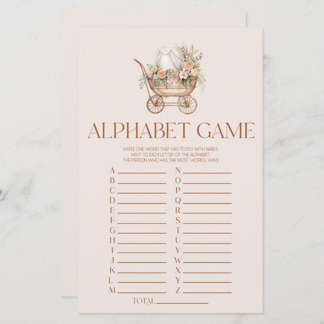 Rosa Blommigt Carriage Alphabet Baby Shower Game (Fram/baksida)