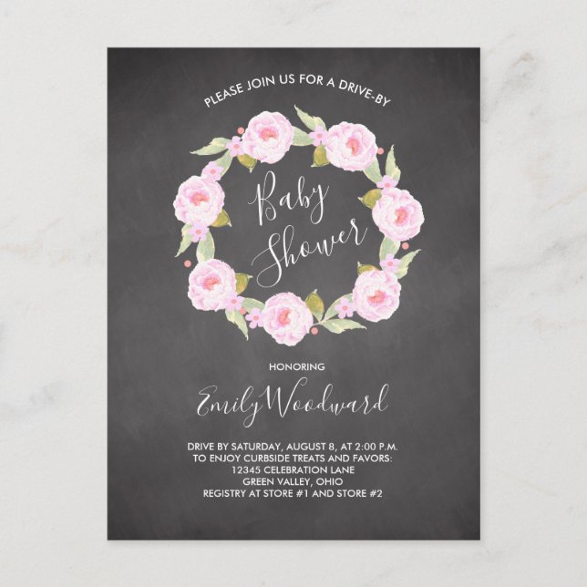 Rosa Blommigt Chalkboard Drive by Girl Baby Shower Vykort (Framsida)