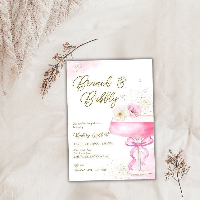 Rosa Blommigt Champagne Brunch BubLY Baby Shower Inbjudningar (Pink Floral Champagne Brunch Bubbly Baby Shower Invitation)