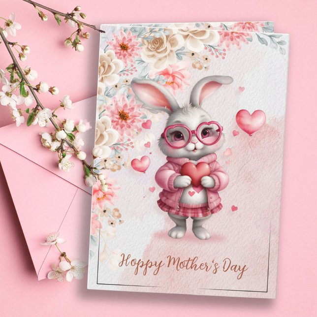 Rosa Blommigt Charm & Kärlek Sweet Bunny Mors dag Kort (Pink Floral Charm & Love Sweet Bunny Mother's Day Card)