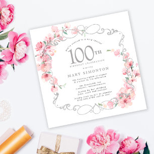 Rosa Blommigt Cherry Blommar 100:e Födelsedagsfest Inbjudningar