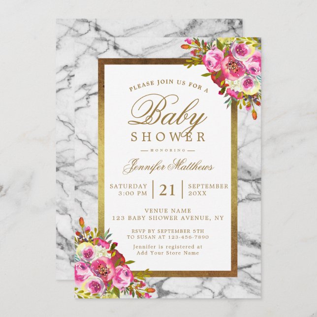 Rosa Blommigt Chic Guld Black Marble Baby Shower Inbjudningar (Fram/baksida)