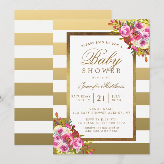 Rosa Blommigt Chic Guld White Rand Baby Shower Inbjudningar (Fram/baksida)