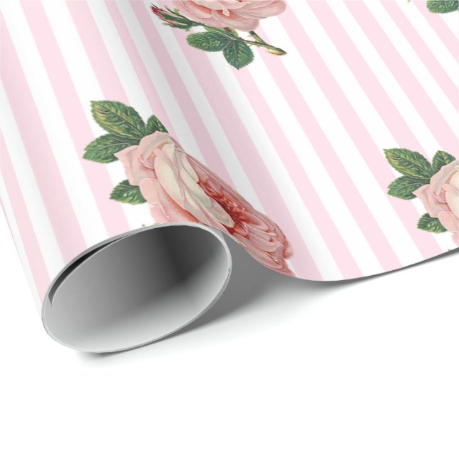 Rosa Blommigt Chic Ro Shabby Stripe Gift Wrap Presentpapper (Rullad Hörn)