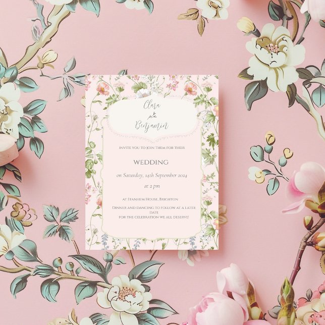 Rosa Blommigt Chinoiserie Bröllop Inbjudningar (Skapare uppladdad)