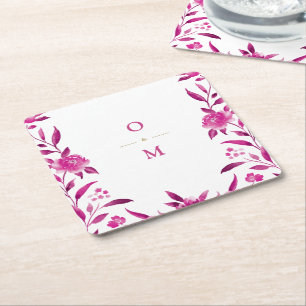 Rosa blommigt Chinoiserie Bröllop monogram Underlägg Papper Kvadrat