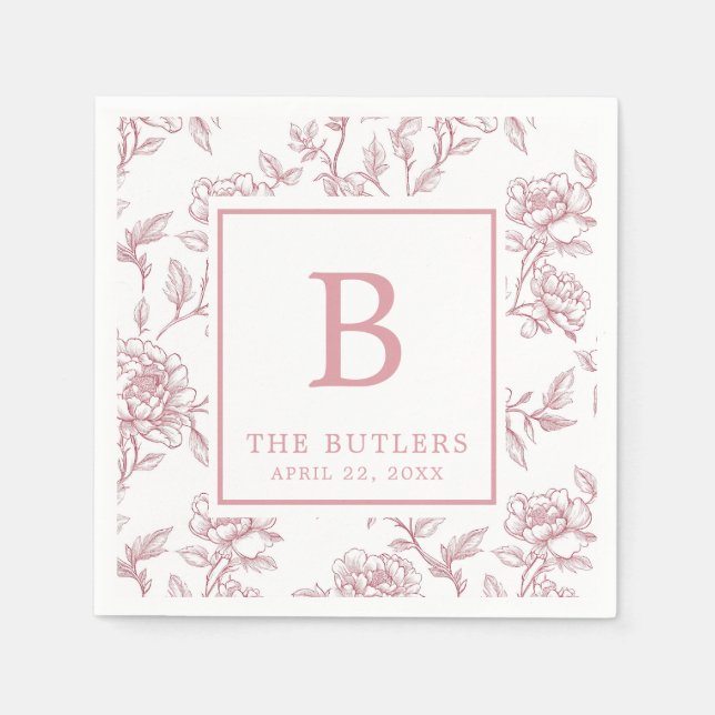 Rosa Blommigt Chinoiserie Initial Bröllop Napkins Pappersservett (Framsidan)