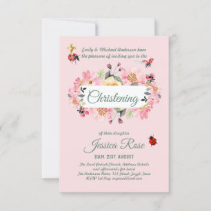 Rosa Blommigt Christening Inbjudan Baptism