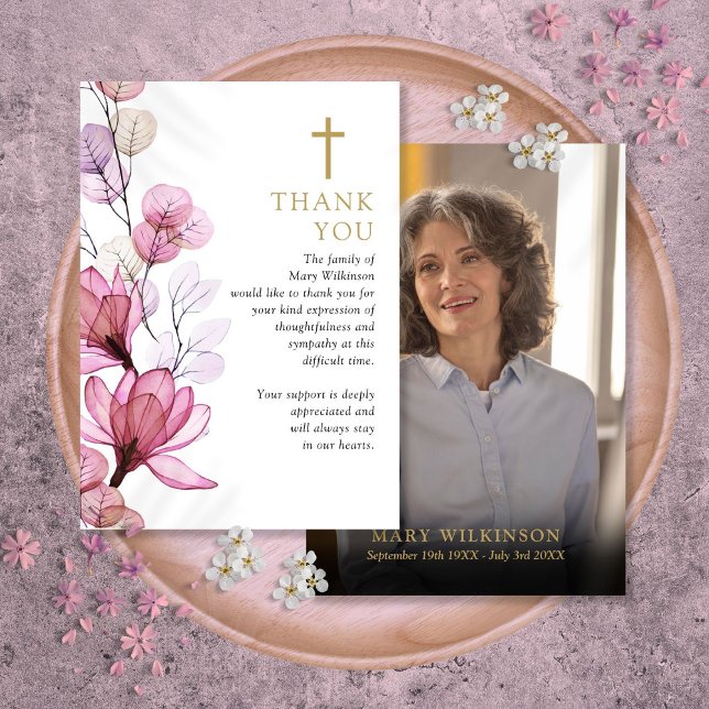 Rosa Blommigt Christian Firande i Life Photo Tack Kort (Pink Floral Christian Celebration Of Life Photo Thank You Card)
