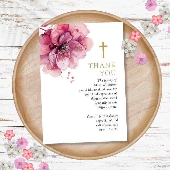 Rosa Blommigt Christian Firande i livets begravnin Tack Kort (Pink Floral Christian Celebration Of Life Funeral Thank You Card)