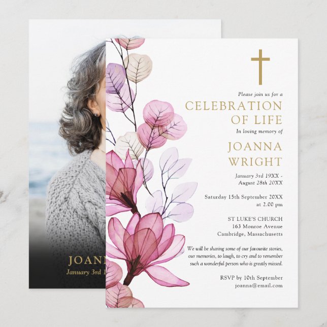 Rosa Blommigt Christian Memorial Funeral Photo Inbjudningar (Fram/baksida)