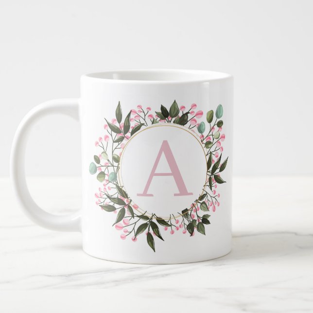 Rosa Blommigt Circle Ram Monogram Editable Initial Jumbo Mugg (Vänster)