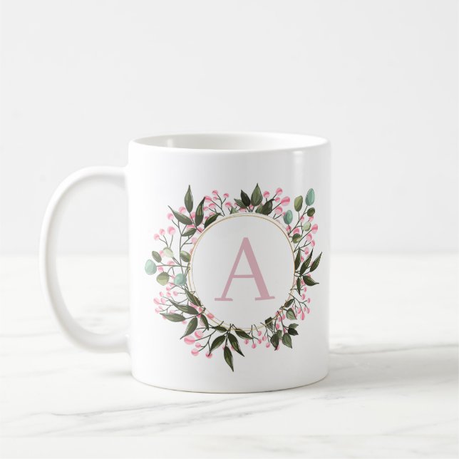 Rosa Blommigt Circle Ram Monogram Editable Initial Kaffemugg (Vänster)
