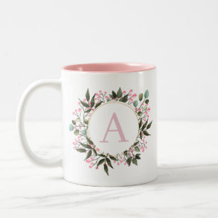 Rosa Blommigt Circle Ram Monogram Editable Initial Två-Tonad Mugg