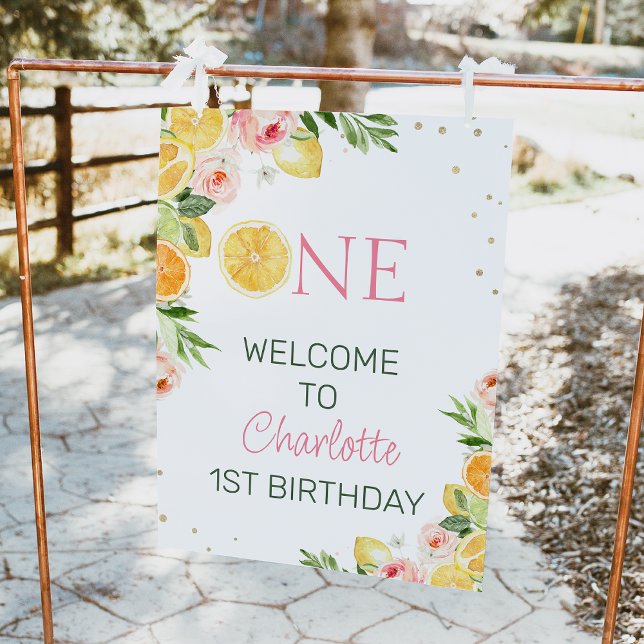 Rosa Blommigt Citrus 1:a födelsedag Välkomstskylt Fototryck (Citrus themed or our little sweet one 1st birthday welcome sign with oranges, lemons and pink flower)