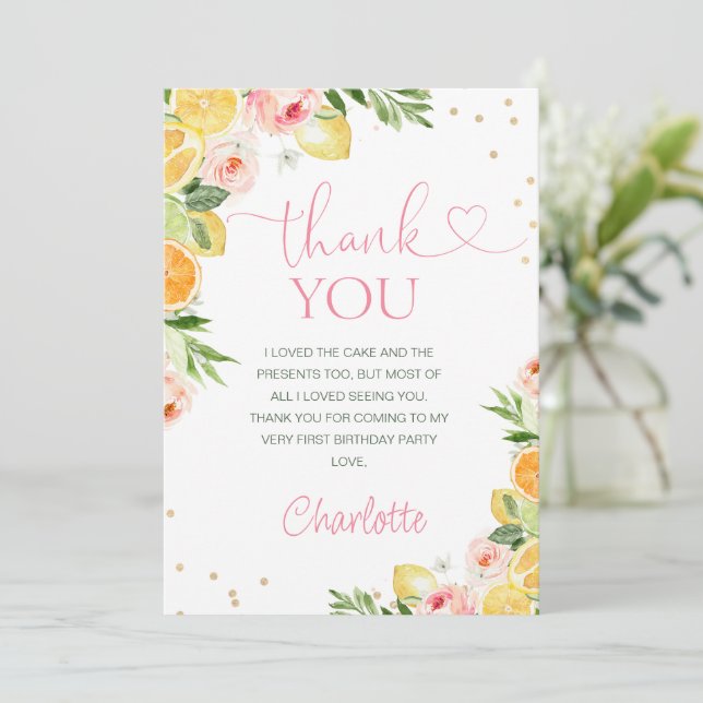 Rosa Blommigt Citrus Birthday Tack you Card Inbjudningar (Stående Fram)