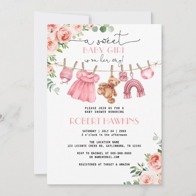 Rosa Blommigt Clothes Girl Baby Shower-inbjudan Inbjudningar (Framsida)
