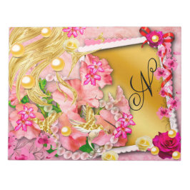 Rosa Blommigt Collage Fairy Guld Bird Monogrammed Anteckningsblock